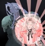  1boy 1girl aerith_gainsborough aqua_eyes armor black_background black_choker black_coat brown_hair buttons chest_strap choker coat dress final_fantasy final_fantasy_vii glowing green_eyes grey_hair hair_ribbon highres jacket jaysoysaucee long_hair open_mouth parted_bangs pauldrons pink_dress pink_ribbon puffy_short_sleeves puffy_sleeves red_jacket ribbon ribbon_choker sephiroth short_sleeves shoulder_armor sidelocks smile upper_body 