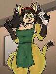 5_fingers anthro apron apron_only big_breasts black_body black_fur black_hair breasts cleavage clothed clothing coffee_cup container cup domestic_cat felid feline felis female fingers fur green_apron green_clothing hair hi_res honey_the_cat inside looking_at_viewer mammal marker pigtails pointy_ears prick_ears rakurawr sega smile solo sonic_the_fighters sonic_the_hedgehog_(series) tail yellow_body yellow_eyes yellow_fur