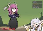  2girls aura_(sousou_no_frieren) aura_bullying_(meme) black_gloves braid capelet cauldron commentary_request crying demon_girl demon_horns earrings elf expressionless floating_earrings frieren getting_over_it gloves green_background green_eyes grey_eyes grey_hair highres horns jewelry long_hair meme multiple_braids multiple_girls parted_bangs pointy_ears purple_hair quad_braids sousou_no_frieren teardrop_earrings tenten_(chan4545) twintails upper_body white_capelet 
