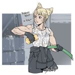  1girl bare_shoulders black_gloves blonde_hair commentary_request cone_hair_bun cowboy_shot cropped_legs double_bun gloves hair_bun highres holding holding_hose holding_sponge hose ichigo_beeru jumpsuit jumpsuit_around_waist korean_commentary looking_to_the_side muscular muscular_female shirt short_hair signature sleeves_rolled_up soap_bubbles solo sponge standing tomarigi_yasumi toshi_densetsu_kaitai_center washing_vehicle wet wet_clothes wet_shirt 