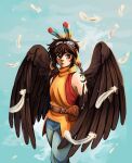 accessory animal_humanoid avian avian_humanoid bare_shoulders bird bird_humanoid blue_sky blush brown_body brown_eyes brown_feathers brown_wings chipinet cloud cooro_(plus_anima) corvid corvid_humanoid corvus_(genus) corvus_humanoid crow_humanoid eyewear eyewear_on_head feather_in_hair feathered_wings feathers goggles goggles_on_head hair hair_accessory hi_res humanoid loose_feather male oscine passerine plus_anima signature sky solo standing white_body white_feathers wings