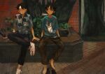  2boys 2ru4shi absurdres aqua_shirt black_eyes black_hair black_pants black_shoes brick brick_floor brick_wall brown_shoes cigarette collared_shirt cup_ramen hair_between_eyes highres male_focus multiple_boys original outdoors pants pants_rolled_up patterned_clothing plant shirt shoes short_hair sitting sitting_on_object slippers sneakers tree 