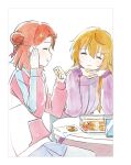  2girls artbook blue_skirt closed_eyes cookie eating food hair_bun hair_ornament hairclip hairpin half_updo highres jacket konoe_kanata long_hair love_live! love_live!_nijigasaki_high_school_idol_club medium_hair multiple_girls non-web_source official_art orange_hair pink_hair purple_jacket single_side_bun sitting skirt smile uehara_ayumu white_background 