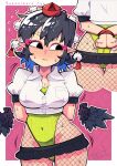  1girl ass bird_wings black_hair black_wings blush breasts carte cleavage collared_shirt covered_navel detached_wings eyeliner eyeshadow fishnet_pantyhose fishnets hat highres large_breasts leotard leotard_under_clothes makeup microskirt pantyhose pink_eyeliner pink_eyeshadow pointy_ears pom_pom_(clothes) restrained shameimaru_aya shirt short_hair short_sleeves skirt solo tengu tokin_hat touhou white_shirt wings 