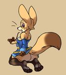  2016 butt canine clothing dress farah female fennec fox fur kneeling legwear looking_at_viewer looking_back mammal purple_eyes seductive siroc smoking_pipe solo stockings tan_fur 