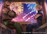  2boys aerial_fireworks arm_cannon armor bare_shoulders barret_wallace beard belt black_gloves black_hair blonde_hair blue_eyes blue_pants brown_belt brown_vest cloud_strife commentary copyright_notice crossed_arms dark-skinned_male dark_skin facial_hair ferris_wheel_interior final_fantasy final_fantasy_vii final_fantasy_vii_remake fingerless_gloves fireworks fuji_q gatling_gun gloves gondola green_pants looking_at_another looking_up magic:_the_gathering male_focus multiple_belts multiple_boys official_art pants pauldrons pouch scar scar_on_cheek scar_on_face short_hair shoulder_armor single_pauldron sitting sleeveless sleeveless_turtleneck spiked_hair square_enix suspenders thigh_pouch turtleneck variant_set very_short_hair vest weapon 