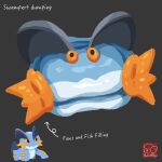  arrow_(symbol) artist_logo artist_name character-themed_food character_name dumpling food food_focus food_name grey_background highres logo no_humans pokemon pokemon_(creature) simple_background swampert yuki00yo 