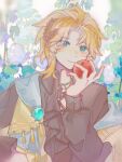  1boy apple aqua_eyes ascot black_ascot black_shirt blue_cape blush cape chinese_commentary closed_mouth collared_shirt commentary_request cross-laced_clothes cross-laced_top day eyelashes eyes_visible_through_hair floral_print flower food fruit garden happy highres holding holding_food holding_fruit lars_rorschach laurel_crown light_blush long_hair long_sleeves looking_at_viewer lovebrush_chronicles male_focus outdoors parted_bangs puffy_long_sleeves puffy_sleeves purple_flower qianwa_shi_biao rose_print shirt side_cape sky smile solo two-sided_cape two-sided_fabric upper_body white_sky yellow_cape 