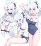  1girl alternate_costume aqua_halo blue_archive blue_one-piece_swimsuit blue_shorts blush breasts buruma casual_one-piece_swimsuit cleavage closed_mouth commentary frilled_one-piece_swimsuit frills groin gym_shirt gym_shorts halo highres large_breasts long_hair long_sleeves looking_at_viewer metaljelly miyako_(blue_archive) miyako_(swimsuit)_(blue_archive) multiple_views off-shoulder_one-piece_swimsuit off_shoulder official_alternate_costume one-piece_swimsuit open_mouth ponytail purple_eyes shirt shorts simple_background swimsuit thighhighs very_long_hair white_background white_hair white_shirt white_thighhighs 