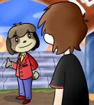 2019 animal_crossing anthro arms_bent bangs black_clothing black_eyebrows black_nose black_sclera black_shirt black_t-shirt black_topwear blue_bottomwear blue_clothing blue_pants blue_sky bottomwear brown_ears brown_hair button_(fastener) canid canine canis closed_smile clothed clothed_anthro clothed_human clothed_male clothing colored cookieboy011 day digby_(animal_crossing) digital_drawing_(artwork) digital_media_(artwork) domestic_dog duo english_description eyebrows floppy_ears fluffy_ears footwear freckled_face freckles fully_clothed fully_clothed_anthro fully_clothed_male fur hair hand_behind_back human light lighting lop_ears male male_anthro male_human mammal mitten_hands mouth_closed multicolored_body multicolored_fur necktie nintendo outside pants pink_freckles pockets red_clothing red_footwear red_shoes red_suit shaded shih_tzu shirt shoes sky smile smiling_at_another stairs standing story story_in_description suit t-shirt tan_body tan_skin topwear toy_dog two_tone_tail villager_(animal_crossing) white_dress_shirt white_eyes yellow_necktie