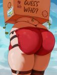  1girl artist_logo ass ass_focus atelier_(series) atelier_ryza belt box highres logo mirai_hikari postcard red_shorts reisalin_stout short_shorts shorts simple_background single_thighhigh solo thigh_belt thigh_strap thighhighs thighs thong 
