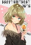  bare_shoulders beer_can blue_eyes brown_hair can green_eyes happy_birthday harunoibuki heterochromia idolmaster idolmaster_cinderella_girls looking_at_viewer mole mole_under_eye short_hair smile solo takagaki_kaede 