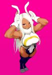  1girl absurdres animal_ears armpits bare_shoulders boku_no_hero_academia breasts commentary_request covered_abs covered_navel crescent_print dark-skinned_female dark_skin full_body fur_collar furrowed_brow gloves hands_up highleg highleg_leotard highres large_breasts leotard long_eyelashes long_hair looking_at_viewer mirko nervous_smile parted_bangs partial_commentary pink_background purple_thighhighs rabbit_ears rabbit_girl rabbit_pose rabbit_tail red_eyes signature simple_background sleeveless_turtleneck_leotard smile solo standing tail tail_through_clothes taut_leotard teeth thighhighs thighs toned toned_female ur_lilith very_long_hair white_gloves white_hair white_leotard 