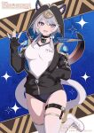  1girl alternate_costume animal_ear_fluff animal_ears animal_hood aoi_suzu belt black_buruma black_gloves blue_eyes bow breasts buruma cat_ears cat_girl cat_hood cat_tail cipher_(honkai:_star_rail) fang fingerless_gloves gloves grey_hair gym_uniform hair_bow hand_in_pocket hand_up highres honkai:_star_rail honkai_(series) hood long_sleeves looking_at_viewer medium_hair mole mole_on_chest name_tag open_mouth shirt shoes smile solo standing standing_on_one_leg sweat tail thigh_belt thigh_strap thighhighs thighs uwabaki white_bow white_shirt white_shoes white_thighhighs 