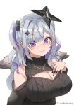  1girl absurdres amane_konata angel angel_wings black_bow black_nails black_sweater bow cable_knit cleavage_cutout closed_mouth clothing_cutout diamond_hair_ornament grey_hair hair_bow halo highres hololive meme_attire multicolored_hair nail_polish purple_eyes purple_hair smile solo star_halo streaked_hair sweater tastelikenyan two_side_up virgin_killer_sweater virtual_youtuber wings 