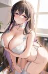  1girl absurdres arm_under_breasts ass bare_shoulders bent_over black_hair blush bra breasts choker cleavage collarbone colored_inner_hair cup drinking_glass garter_straps hair_between_eyes hair_intakes highres huge_breasts indoors kitchen leaning_forward long_hair milk mole mole_on_breast multicolored_hair navel original panties parted_lips purple_eyes purple_hair solo spilled_milk suggestive_fluid thighhighs thighs underwear very_long_hair white_bra white_choker white_garter_straps white_panties white_thighhighs window wooden_floor zawa_(beat7327) 