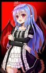  alternate_costume alternate_hair_length alternate_hairstyle arm_garter bat_wings black_background black_legwear blue_hair blush collarbone crossed_arms dress frilled_dress frills hair_ribbon highres long_hair long_sleeves looking_at_viewer open_mouth pointy_ears red_background red_eyes red_ribbon remilia_scarlet ribbon shiron_(e1na1e2lu2ne3ru3) simple_background solo standing thighhighs touhou two-tone_background white_dress wings 