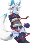  1girl animal_ear_fluff animal_ears belt black_jacket black_thighhighs blue_gloves blue_necktie blue_skin breasts brown_belt colored_inner_animal_ears colored_skin commentary entangled extra_ears fingerless_gloves fox_ears fox_girl fox_tail fur-trimmed_belt fur_trim ginkaku_(kemono_friends) gloves gourd hair_tubes hex_tails highres horns jacket kemono_friends looking_at_viewer medium_breasts necktie plaid_clothes plaid_skirt rope short_hair simple_background single_horn skirt slit_pupils solo sweatdrop tail tanabe_(fueisei) thighhighs whip white_background white_hair white_skirt 