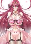  black_bow bow bow_panties bra breasts cattleya_(flower_knight_girl) choker cleavage cowboy_shot crossed_arms flower flower_knight_girl frown hair_flower hair_ornament ishizu_kayu jewelry large_breasts long_hair necklace panties pink_panties red_hair solo thigh_strap tiara underwear white_background yellow_eyes 