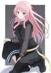  1girl absurdres bang_dream! bang_dream!_it&#039;s_mygo!!!!! beniyomogi black_boots black_shirt black_skirt blush boots border chihaya_anon clenched_teeth commentary full_body grey_background grey_eyes highres kneeling long_hair long_sleeves looking_at_viewer open_mouth outside_border pink_hair see-through_clothes see-through_sleeves shirt skirt smile solo teeth white_border 