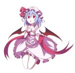  1girl :o bangs bat_wings blue_hair collarbone collared_dress cravat dress eyebrows_visible_through_hair frilled_cuffs frilled_dress frills full_body furagu hair_between_eyes hat highres legs_up looking_at_viewer mob_cap open_mouth red_eyes red_neckwear red_ribbon remilia_scarlet revision ribbon shoes short_hair simple_background solo touhou white_background white_dress wings wrist_cuffs 