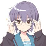  1girl a-ka adjusting_eyewear blue_sailor_collar brown_cardigan brown_eyes cardigan collarbone glasses hair_between_eyes kita_high_school_uniform long_sleeves nagato_yuki over-rim_eyewear sailor_collar school_uniform semi-rimless_eyewear serafuku short_hair solo sparkle suzumiya_haruhi_no_yuuutsu winter_uniform 
