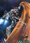  axe commentary company_name copyright_name copyright_notice exhaust glowing glowing_eyes gquuuuuux green_eyes gundam gundam_arsenal_base gundam_gquuuuuux heat_hawk holding holding_axe mecha mecha_focus mobile_suit no_humans official_art robot science_fiction slashing solo space thrusters tomo_(machinemess) v-fin 