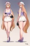  1girl absurdres alternate_costume artist_name ass bag bare_shoulders black_panties blonde_hair breasts cellphone cleavage closed_mouth expressionless gradient_background hair_between_eyes hat highres holding holding_bag holding_phone large_breasts long_hair looking_at_viewer looking_back mob_cap mole mole_on_breast mole_on_thigh mole_under_eye panties panty_peek phone purple_eyes purple_shirt purple_shoes shirt shoes skirt sleeveless sleeveless_shirt smartphone solo thick_eyebrows thick_thighs thighs touhou underwear very_long_hair white_skirt yakumo_yukari yamada_(894921678) 