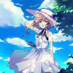  blonde_hair blue_eyes blue_sky cloud day dress halterneck hand_behind_head hat leaf open_mouth original shade sidelocks sky solo sun_hat udon_(improvisation) white_dress 