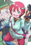  2girls absurdres amate_yuzuriha aqua_eyes blue_eyes blush bodysuit breasts cockpit commentary_request deux_murasame freckles grey_hair gundam gundam_gquuuuuux hair_bun haro hat highres jacket k_katora long_hair long_sleeves looking_at_viewer mecha_pilot_suit multicolored_bodysuit multiple_girls normal_suit_(gundam) open_mouth red_hair short_hair v 
