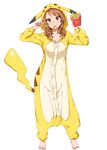  barefoot brown_eyes brown_hair chigusa cosplay costume food french_fries gen_1_pokemon houjou_karen idolmaster idolmaster_cinderella_girls long_hair mcdonald's nail_polish pikachu pikachu_(cosplay) pokemon pokemon_(creature) solo standing 