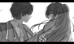  2boys black_coat black_eyes black_hair black_vest blue_eyes coat collar collared_shirt from_side grabbing_another&#039;s_arm grey_necktie greyscale hair_between_eyes hair_flowing_over hand_on_another&#039;s_arm high_ponytail highres hong_lu_(project_moon) lcb_uniform_(project_moon) letterboxed limbus_company long_hair looking_at_another monochrome multiple_boys necktie open_mouth partially_colored pipi_tt ponytail project_moon shirt short_hair sidelocks upper_body very_long_hair vest white_collar yi_sang_(project_moon) 