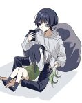  1boy 1girl alternate_costume alternate_universe animalization arm_at_side barefoot black_cat black_hair black_pants black_socks blunt_ends bright_pupils casual cat cellphone closed_mouth colored_tips contemporary drawstring dress expressionless eyeliner eyeshadow fingernails full_body genshin_impact gradient_hair green_dress green_hair hand_up highres hirarinoie holding_another&#039;s_hair hood hood_down hoodie knees_apart_feet_together knees_together_feet_apart long_hair long_sleeves looking_at_phone lying_on_person makeup multicolored_hair nahida_(genshin_impact) pants person_and_animalization phone pillow plaid_clothes plaid_dress purple_eyes red_eyeliner red_eyeshadow scaramouche_(cat)_(genshin_impact) scaramouche_(genshin_impact) side_ponytail sidelocks sitting socks tsurime white_background white_hair white_hood white_hoodie white_pupils white_sleeves wispy_bangs 