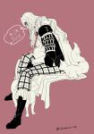  1boy animal bag basil_hawkins boots cape cat facial_mark highres invisible_chair long_hair male_focus mecco_c one_piece profile shoulder_bag simple_background sitting solo speech_bubble thought_bubble twitter_username 