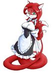  2005 bow_tie breasts canine choker cleavage clothed clothing fox fur gamera hair lamia long_hair looking_at_viewer maid_uniform mammal multicolored_fur red_fur red_hair simple_background solo two_tone_fur uniform white_background white_fur 