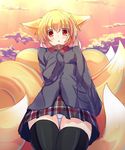  :o animal_ears black_coat black_gloves black_legwear blonde_hair blush coat commentary_request contemporary fox_ears fox_tail gloves hands_on_own_chest liya long_sleeves looking_at_viewer multiple_tails no_hat no_headwear panties pantyshot pantyshot_(standing) plaid plaid_skirt red_eyes short_hair skirt solo standing tail thighhighs touhou underwear white_panties yakumo_ran 