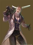  1boy black_gloves black_pants blonde_hair blue_vest brown_background chain chain_necklace coat commentary_request cowboy_shot final_fantasy final_fantasy_viii gloves gunblade hair_slicked_back jewelry long_coat looking_at_viewer magic:_the_gathering male_focus necklace official_art open_mouth over_shoulder pants scar scar_on_face scar_on_forehead seifer_almasy short_hair smile solo square_enix suzuki_rika vest weapon weapon_over_shoulder white_coat 