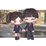  1boy 1girl :3 ^_^ animification black_jacket black_pants black_shoes black_skirt black_suit blazer blush blush_stickers border bow bowtie brown_eyes brown_hair chibi chinese_commentary closed_eyes closed_mouth collared_jacket collared_shirt commentary_request cross-laced_shoes dot_nose dress_shoes eyelashes grey_shoes happy hetero highres holding_hands jacket lapels letterboxed light_blush light_frown lin_yang_(my_huckleberry_friends) long_sleeves looking_at_another miniskirt my_huckleberry_friends necktie nervous notched_lapels outline outside_border pants photo_background pillar pleated_skirt ponytail qianwa_shi_biao red_bow red_bowtie red_necktie school_uniform shade shirt shoes short_hair short_ponytail side_ponytail single_blush_sticker skirt smile suit tree white_border white_outline white_shirt yu_zhou_zhou 