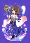  1girl bare_shoulders beads black_boots black_bra blue_eyes boots bra breasts brown_hair closed_mouth detached_sleeves final_fantasy final_fantasy_x full_body goma_yammy green_eyes hair_beads hair_ornament heterochromia highres holding holding_staff japanese_clothes jewelry long_skirt medium_breasts medium_hair necklace nontraditional_miko obi pleated_skirt purple_background pyrefly sash shirt skirt smile solo staff underwear water white_shirt white_sleeves yuna_(ff10) 