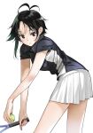 1girl ball blush commentary_request green_eyes grey_hair highres looking_at_viewer miyajima_reiji polo_shirt shiunji-ke_no_kodomotachi shiunji_minami short_hair skirt tennis_ball white_background 
