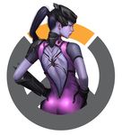  ass back_cutout back_tattoo backless_outfit bodysuit gloves head_mounted_display highres long_hair overwatch pink_bodysuit ponytail purple_hair purple_skin realistic solo spider_tattoo tattoo trix_(walpurgis999) widowmaker_(overwatch) yellow_eyes 