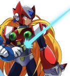  2boys android arm_cannon armor blonde_hair blue_armor blue_eyes blue_helmet chest_jewel closed_mouth energy_sword forehead_jewel gloves green_eyes guutara helmet highres holding holding_sword holding_weapon jewelry joints long_hair male_focus mega_man_(series) mega_man_x_(series) multiple_boys open_mouth ponytail red_armor red_helmet robot robot_ears robot_joints shoulder_armor signature simple_background sword very_long_hair weapon white_background white_gloves x_(mega_man) z_saber zero_(mega_man) 