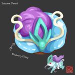  arrow_(symbol) artist_logo artist_name character-themed_food character_name donut food food_focus food_name grey_background highres icing logo no_humans pastry pokemon pokemon_(creature) simple_background suicune yuki00yo 
