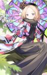  1girl abigail_williams_(exhibition_attire)_(fate) abigail_williams_(fate) absurdres black_bow black_kimono black_scarf blonde_hair blue_eyes blush bow breasts fate/grand_order fate_(series) floral_print forehead hair_bow highres japanese_clothes kimono layered_kimono long_sleeves looking_at_viewer medium_hair miyu10366 multicolored_kimono oil-paper_umbrella orange_bow parted_bangs scarf small_breasts smile solo umbrella wide_sleeves 