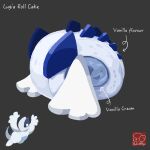  arrow_(symbol) artist_logo artist_name cake character-themed_food character_name cream food food_focus food_name grey_background highres logo lugia no_humans pokemon pokemon_(creature) simple_background swiss_roll yuki00yo 
