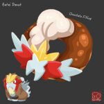  arrow_(symbol) artist_logo artist_name character-themed_food character_name chocolate_icing donut entei food food_focus food_name grey_background highres icing logo no_humans pastry pokemon pokemon_(creature) simple_background yuki00yo 