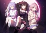  3girls ;d absurdres arm_up bare_shoulders black_jacket black_shoes black_socks blonde_hair blue_skirt breasts brown_eyes brown_hair brown_socks camisole collarbone cometik_(idolmaster) commentary_request drawstring grey_eyes highres hood hood_down hoodie idolmaster idolmaster_shiny_colors ikaruga_luca ikuta_haruki jacket jewelry kheng_(k_heng1223) knee_up long_hair long_sleeves medium_breasts miniskirt multicolored_hair multiple_girls navel neck_tattoo necklace one_eye_closed open_clothes open_jacket open_mouth parted_lips pink_hair pink_shirt pink_skirt plaid_clothes plaid_skirt pleated_skirt purple_hair shirt shoes short_hair sitting skirt smile sneakers socks streaked_hair suzuki_hana sweater_vest tattoo turtleneck turtleneck_shirt two-tone_hair white_camisole white_shoes white_skirt white_socks white_sweater_vest yellow_eyes yellow_hoodie 