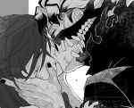  1boy 1girl ayase_momo battle_damage black_nails blood blood_on_face bow bowtie bruise bruise_on_arm bruise_on_face closed_eyes commentary_request dandadan facial_mark facing_another from_side gakuran glasses greyscale hands_on_another&#039;s_face injury kiss korean_commentary mask medium_hair monochrome mouth_mask profile school_uniform short_hair takakura_ken_(dandadan) takakura_ken_(transformed)_(dandadan) torn_clothes transformation upper_body wolf6481 
