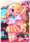  1girl ;d arm_up black_socks blonde_hair blue_eyes blush bow bowtie brown_shoes collared_shirt commentary_request commission dark-skinned_female dark_skin foot_out_of_frame green_bow green_bowtie highres holding holding_microphone holding_tambourine karaoke loafers looking_at_viewer medium_hair microphone one_eye_closed open_mouth original outstretched_arm plaid_clothes plaid_skirt pleated_skirt red_skirt richard_(richaball) school_uniform shirt shoes short_sleeves skeb_commission skirt smile socks solo standing standing_on_one_leg sun_hair_ornament twitter_username white_shirt 