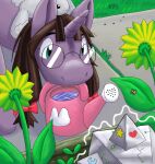 accessory ant anthro arachnid arthropod bow_ribbon equid equine eyewear fan_character female feral flower friendship_is_magic garden glasses grass green_eyes hair hair_accessory hair_bow hair_ribbon hasbro hi_res holding_object holding_watering_can horn hymenopteran insect leaf mammal messy_hair mimill3 my_little_pony mythological_creature mythological_equine mythology object_in_mouth para_phenomena plant plushie purple_body quadruped ribbons round_glasses sidewalk solo spider unicorn unicorn_horn water watering_can wearing_glasses white_sclera